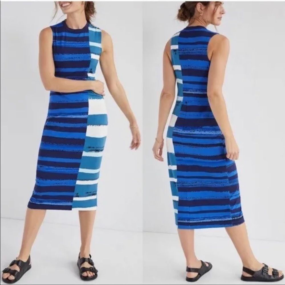Corey Lynn Calter Striped Midi Dress Sleeveless Blue Teal White Crew Neck